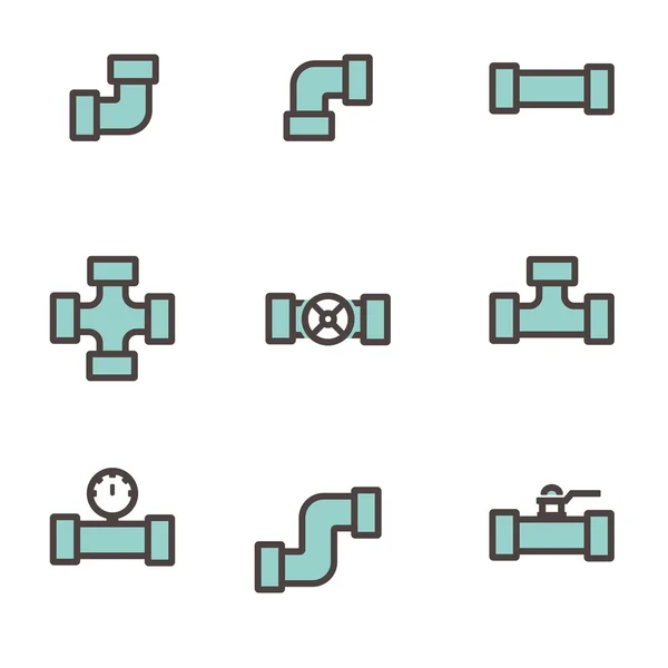 Vector line flat pipe fittings icon set — Stock Vector