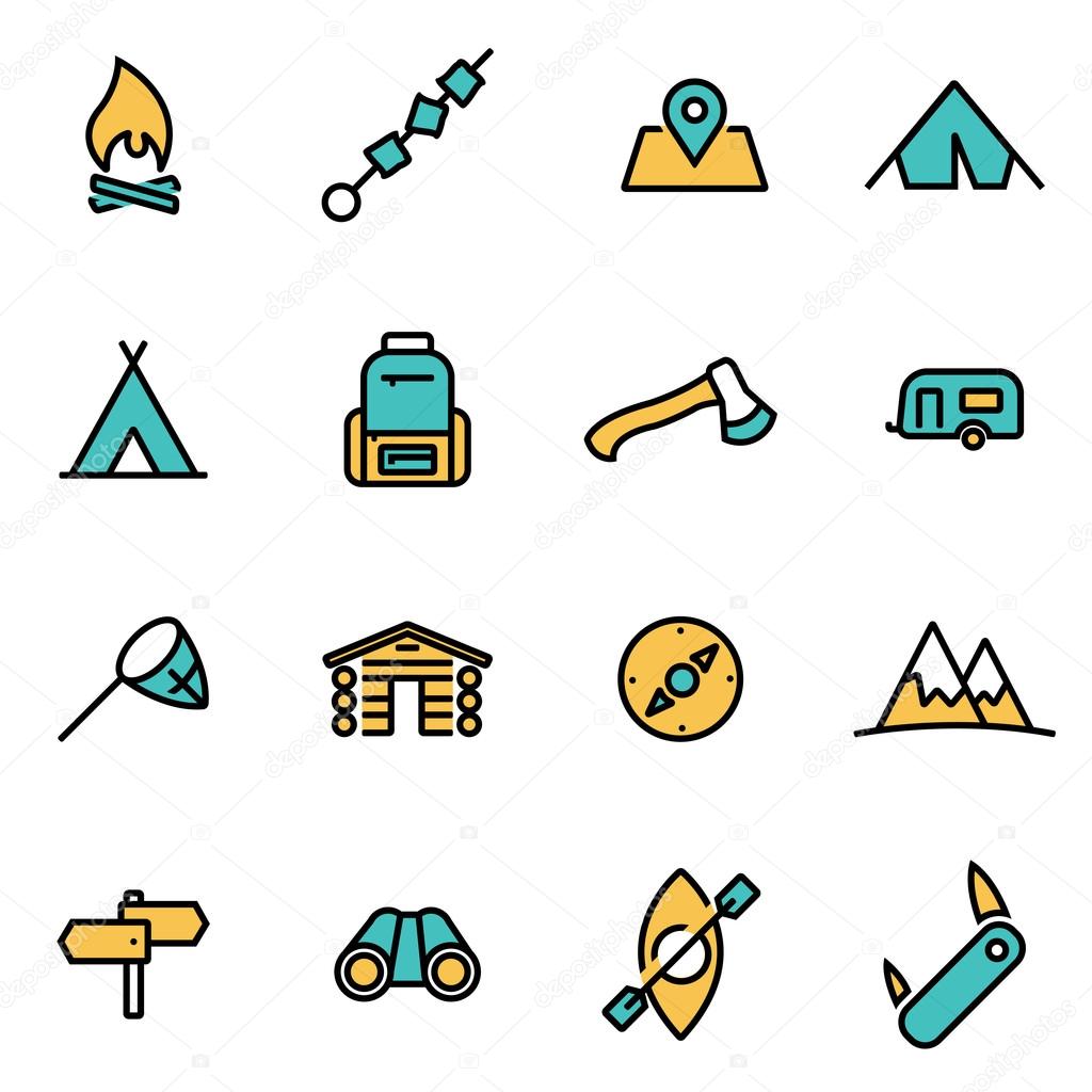 Trendy flat line icon pack for designers and developers. Vector line camping icon set