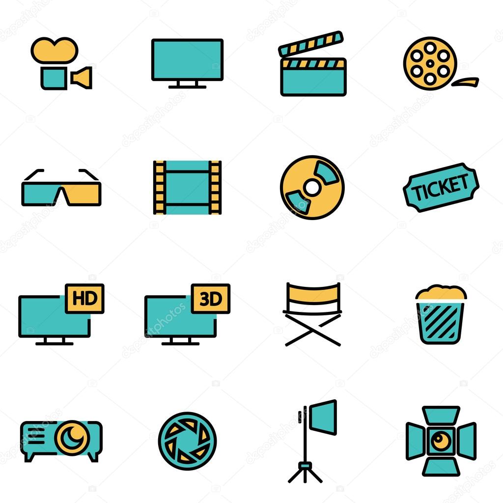 Trendy flat line icon pack for designers and developers. Vector line cinema icon set