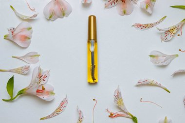 Kirpiklerin kozmetik yağı ve şeffaf plastik şişedeki kaşlar için beyaz zemin üzerinde çiçekler ve alstromerya yaprakları, güzellik, bakım ve tedavi kavramı, uzay ürününün kopyası