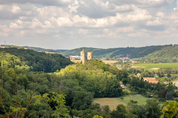 Panorama Castle Ruins Rudelsburg Saaleck Landscape Tourist Area Saale Valley — Stock Photo, Image