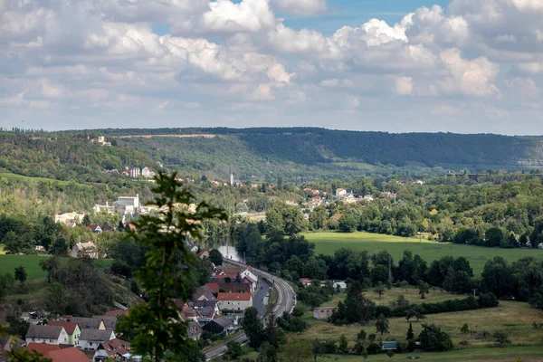 Vár Panorámája Romok Rudelsburg Saaleck Táj Turisztikai Terület Saale Völgy — Stock Fotó