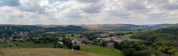 Panorama Van Kasteelruïne Rudelsburg Saaleck Het Landschap Toeristisch Gebied Saaldal — Stockfoto