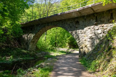 Freital Dresden yakınlarındaki Rabenauer Grund 'daki Weiseritz vadisindeki nehir manzarası.