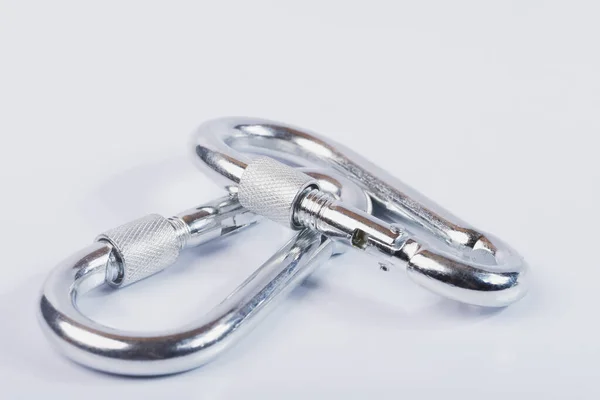Metal Snap Hooks White Isolated Background Spring Carabiner Made Stainless — Stock Photo, Image