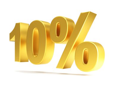 Beyaz arkaplanda% 10 izole edilmiş altın, 3d illüstrasyon