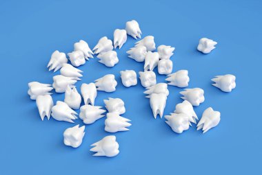 Mavi arka planda bir sürü beyaz azı dişi var. 3d illüstrasyon
