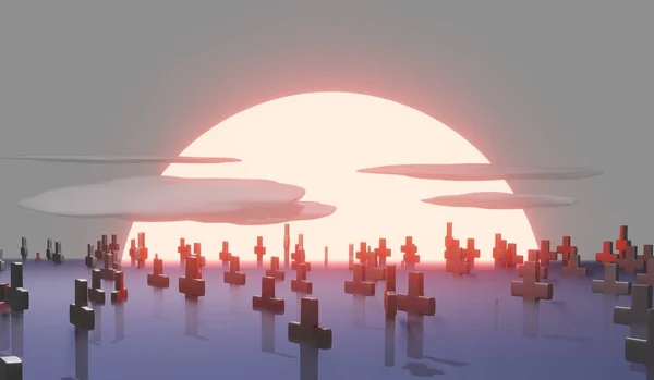 Viele Kreuze Auf Dem Friedhof Dunst Und Untergehender Sonne Halloween — Stockfoto