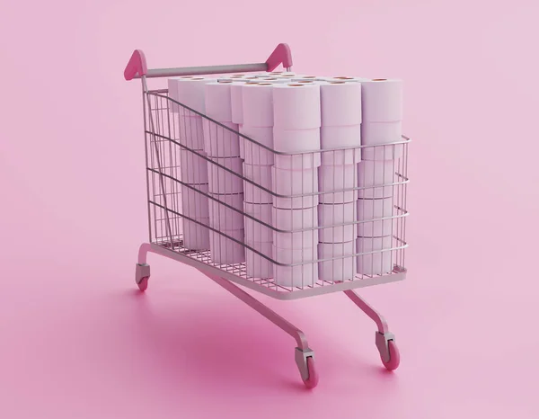 白いトイレットペーパーでいっぱいのショッピングカート コロナウイルスの流行によるパニック 3Dイラスト — ストック写真