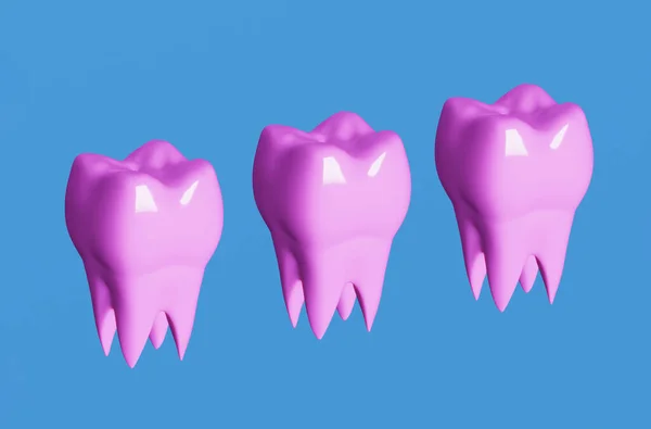 Pink molar teeth on blue background. Minimal dental care concept. 3d illustration