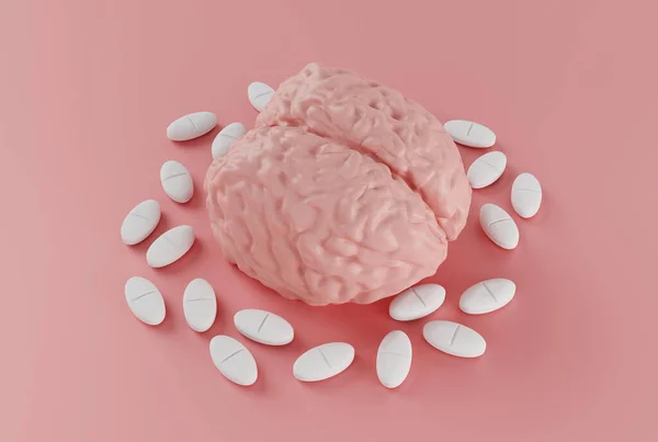 Cerebro Humano Rodeado Píldoras Sobre Fondo Rosa Nootrópico Para Cerebro —  Fotos de Stock