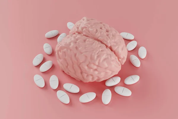 Otak Manusia Dikelilingi Oleh Pil Pada Latar Belakang Merah Muda — Stok Foto