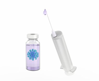 Coronavirus şişesi ve beyaz şırıngayla izole edilmiş plastik tıbbi şırınga, aşı konsepti, enjeksiyon. 3d hazırlayıcı