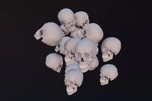 Many Human Skulls Fly Black Background Render — Stock Photo, Image