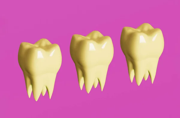 Dientes Molares Amarillos Sobre Fondo Rosa Concepto Cuidado Dental Mínimo — Foto de Stock