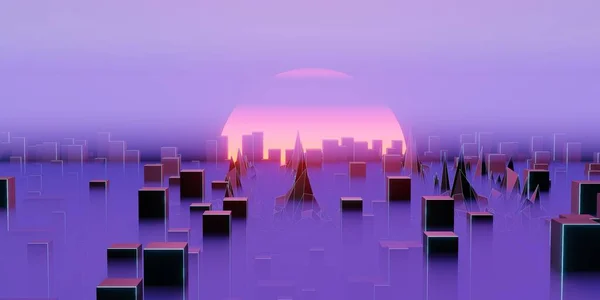 Футуристичне Нічне Місто Хмарочосами Тумані Встановленням Сонця Великий Міський Смог — стокове фото