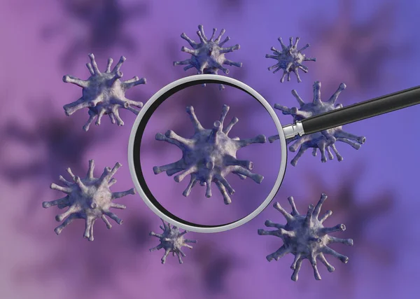 view viruses under a magnifying glass. Illustration of Coronavirus cells, 3d render