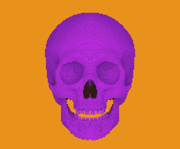 Cranio Viola Pixilato Blocco Sfondo Arancione Rendering — Foto Stock