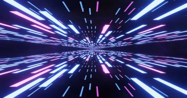Uzayda soyut parlak neon çizgiler ve çizgiler. Geçmişe dönük fütüristik geçmiş. Uçan neon çizgili soyut arkaplan
