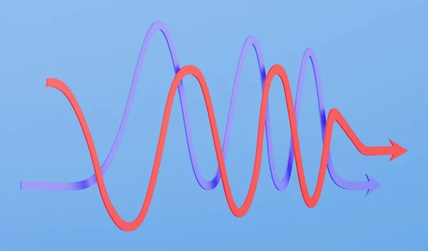 青の背景に赤と紫の曲線の矢印 統計の矢印 3Dレンダリング — ストック写真