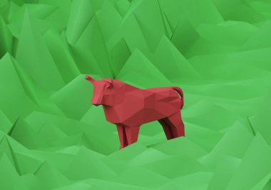 Yeni yıl 2021 'in bir sembolü olan çokgen yeşil zemin üzerinde kırmızı, düşük poligonlu bir boğanın heykeli.