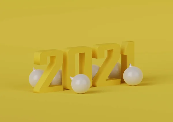 Κίτρινος Αριθμός Νέο Έτος 2021 Μπάλες Χριστουγέννων Κίτρινο Φόντο Καθιστούν — Φωτογραφία Αρχείου