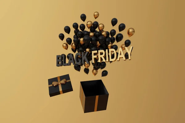 Black Friday Golden Text Cluster Black Golden Flying Balloons Gift — Stok Foto