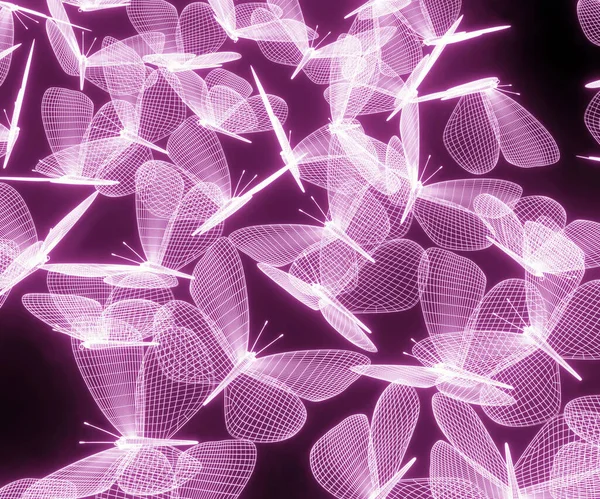 Flock Fjärilar Flyger Abstrakt Neonpolygonal Geometrisk Fjäril Bestående Linjer Teknisk — Stockfoto