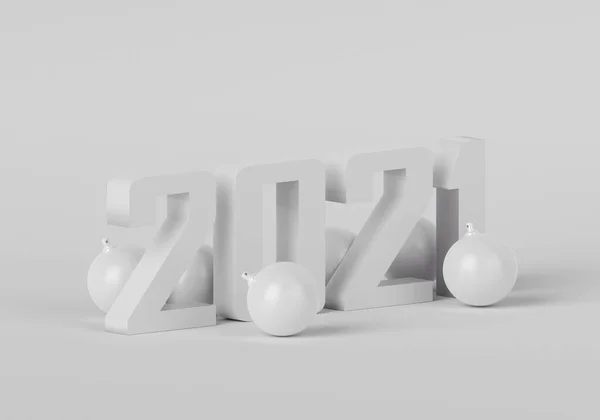 Tahun baru Tahun 2021 dengan bola Natal di latar belakang putih, 3d render — Stok Foto