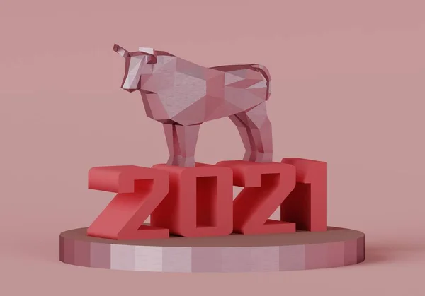 Patung banteng poly rendah pada stand dengan nomor 2021, simbol tahun baru, 3d render — Stok Foto