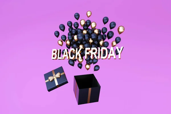 Black Friday golden text and cluster of black golden flying balloons, gift box on purple background, 3d render — Stock Photo, Image