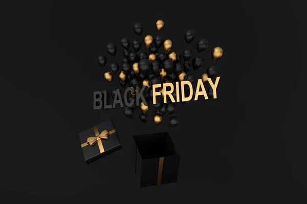 Black Friday Golden Text Cluster Black Golden Flying Balons Gift — Stok Foto