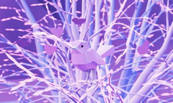 Low Poly Polygonal Pink Bird Tit Butterflies Pink Tree Branches — Φωτογραφία Αρχείου