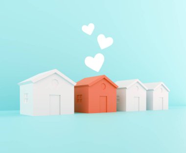 red house with hearts over roofs, beloved family home concept, native city, 3d illustration clipart
