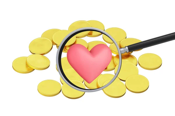 Gold Coins Scattered Plane Magnifier Heart Isolated White Background Love — Stock Photo, Image