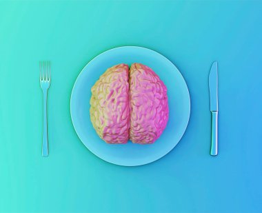 İnsan beyni yiyecek, taciz, aşk ilişkisi ya da beyin fırtınası konsepti olarak kullanılır. Çatal ve bıçakla bir tabakta insan beyni, üç boyutlu illüstrasyon