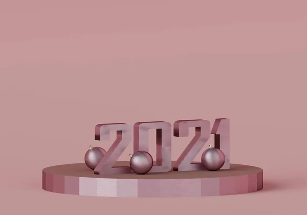 Número Metal Rosa Ano Novo 2021 Com Bolas Natal Carrinho — Fotografia de Stock