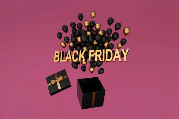 Black Friday Golden Text Cluster Black Golden Flying Balloons Gift — Stock Photo, Image