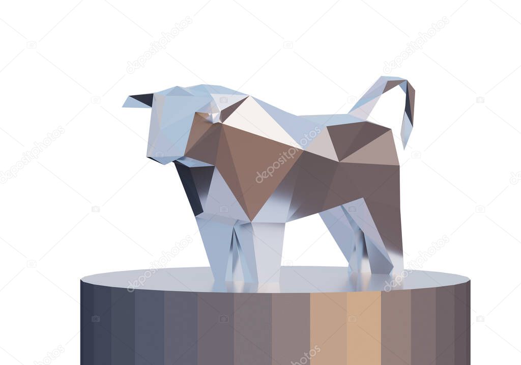 figurine of a simplified polygonal metal bull on cylinder stand, a symbol of the new year 2021, 3d render