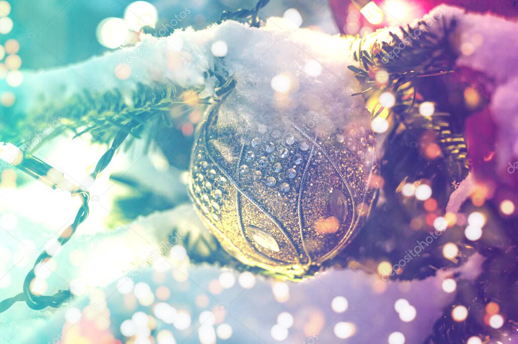 Christmas balls on Christmas tree branch, soft focus