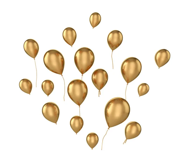 Muitos Voando Balões Dourados Brilhantes Isolados Branco Renderização — Fotografia de Stock