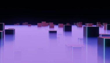 Bulanık gökdelenleri ve 3 boyutlu resimleriyle soyut fütüristik bir akşam şehri.