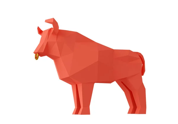 Statuette Eines Vereinfachten Polygonalen Red Paper Bull Gefaltete Papiertierfigur Symbol — Stockfoto