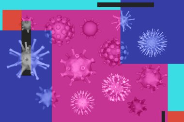 Farklı türde virüsler, koronavirüs, COVID-19, uçuk, renk arka planında hız HIV. Patojen virüsleri. 3d illüstrasyon