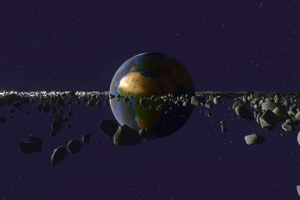 环状的陨石 环绕地球的小行星 幻想3D 地球插图 — 图库照片
