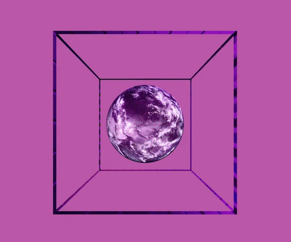 Абстрактна Планета Земля Каркасом Кубі Фіолетовому Фоні Візуалізація — стокове фото