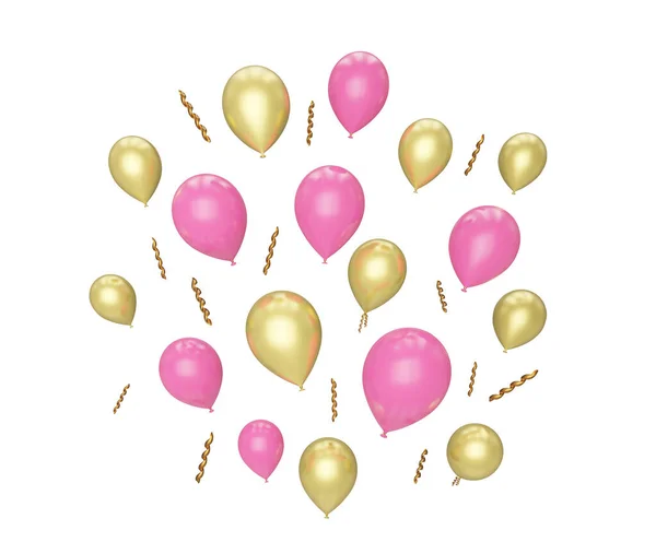 Muchos Globos Voladores Color Rosa Amarillo Aislados Blanco Render — Foto de Stock