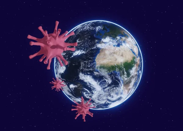 Coronavirus takes earth population under control. View from cosmos on earth attacked by coronavirus. Coronavirus COVID-19 outbreak. Earth map furnished by NASA, 3d illustration