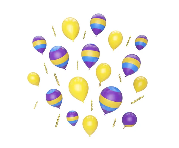 Banyak Balon Berwarna Kuning Dan Ungu Terbang Terisolasi Pada Warna — Stok Foto