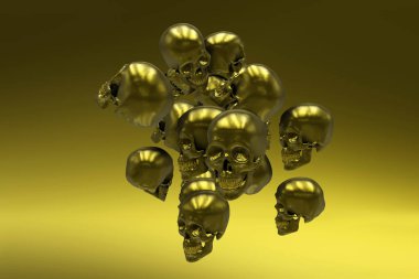 Altın arka planda bir sürü insan altın kafatası uçuşuyor.